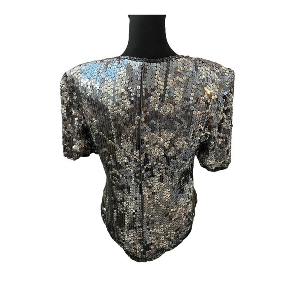 Vintage Scala Sequined Silk Top Silver Scalloped Small Large - Picture 2 of 6